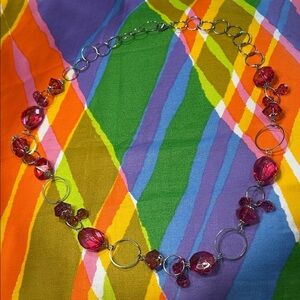 Fuchsia pink  Beaded Necklace with Silver circle Accents